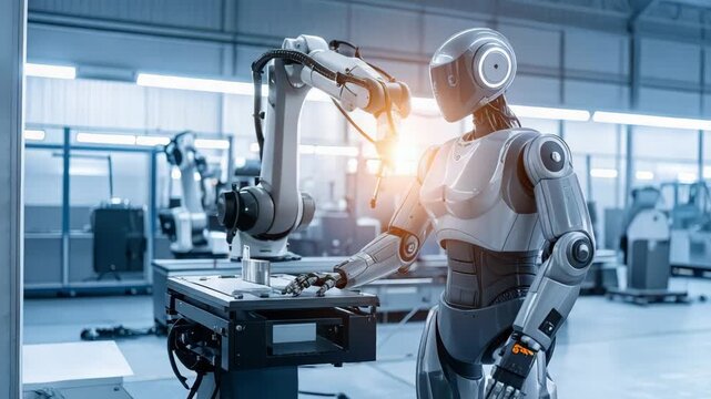 Humanoid robot and robotic arm collaborate in smart factory