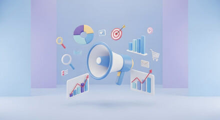 Fototapeta premium Digital Marketing & Business Analytics Concept. 3D Megaphone with Floating Data Charts, Target, and Growth Icons for Strategic Promotion.