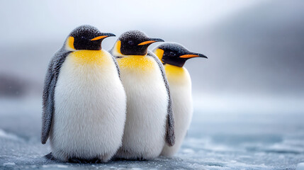 Fototapeta premium An emperor penguin stands with fluffy chicks on a snowy Antarctic shore, capturing wildlife family bonds in a cold, icy landscape.