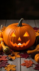 Obraz premium Jack-o-lantern carved pumpkin with glowing candle and autumn leaves on wooden table.