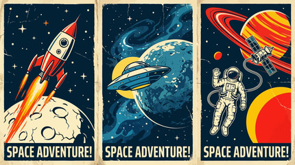 Retro Space Adventure Posters Set: Rocket Launch, UFO, Astronaut, and Planets in Vintage Cosmic Exploration Art © Resa