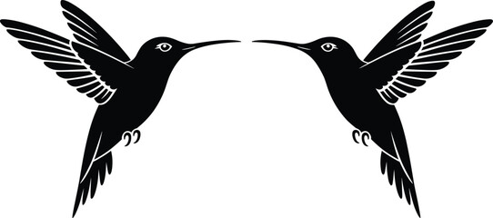 Hummingbird silhouettes facing each other, flying bird vector illustration, black symmetrical wildlife design isolated on white background © Amena