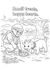 Fototapeta premium coloring book grandpa offering small treats to a goat, creating happy hearts together