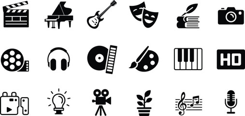 Media and entertainment icons set, music film photography art creative tools vector illustration isolated white background © Amena