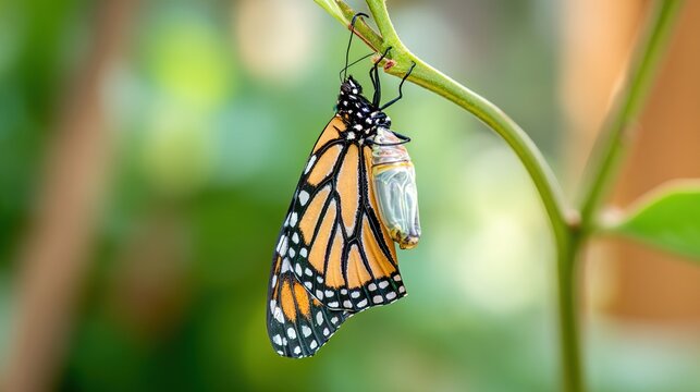 chrysalis. A monarch butterfly emerging from its chrysalis on a green stem, wings damp. wildlife magazines, conservation campaigns, designed for wildlife conservation campaigns.