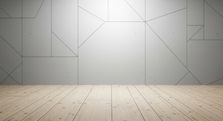 Fototapeta premium A minimalist room with a wooden floor and a white wall with geometric patterns.