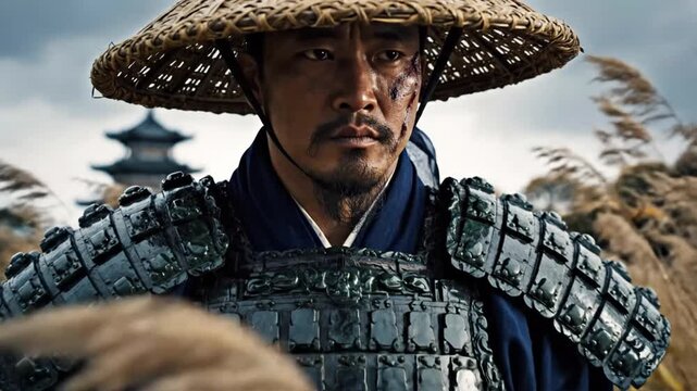 Determined man in traditional samurai armor and conical hat in a field with pagoda