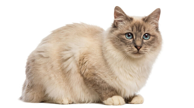a fluffy birman cat with striking blue eyes sits gracefully, its cream and grey fur detailed against a transparent background, capturing a serene feline portrait.