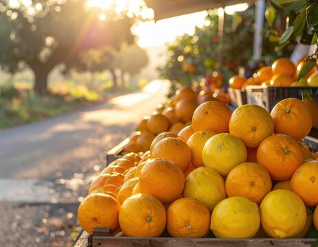 Fresh Oranges and Lemons at Roadside Stand During Golden Hour