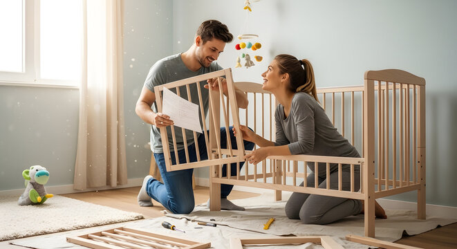 A smiling pregnant woman and her partner looking at instructions while building a wooden cot for their upcoming baby