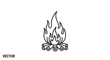 Campfire Icon Vector Art: Bonfire Flames on Wood Logs, Simple Line Drawing