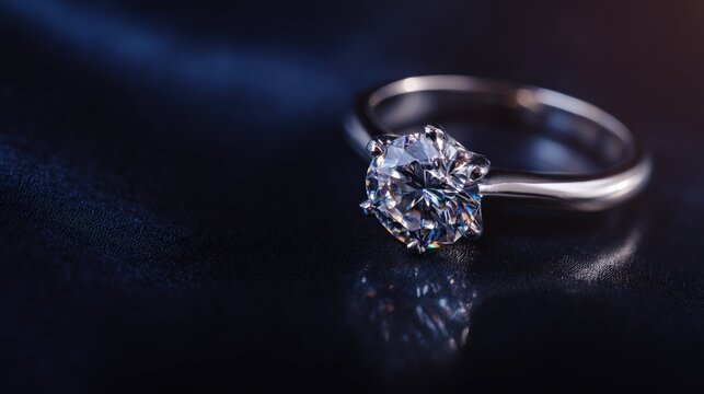 A diamond ring with a large round diamond on a dark background.