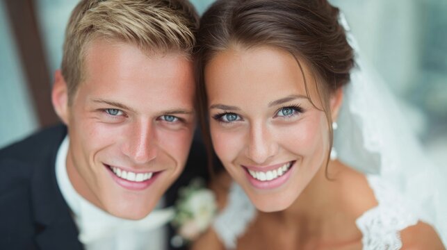 A smiling couple in wedding attire, with the bride wearing a white veil and the groom wearing a tuxedo, standing in front of a window with a view of a cityscape.
