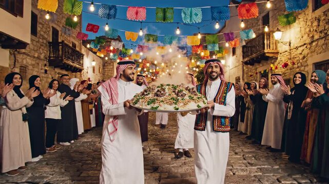 Two Men Carrying Large Traditional Mansaf Platter at Festive Celebration