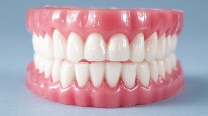 Fototapeta premium A close-up of a dental model with pink and white teeth, showing the upper and lower jaw parts.