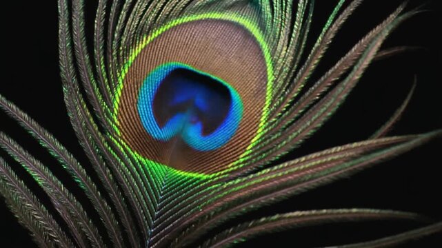 Stunning iridescent peacock feather close up with vibrant blue green and brown eye pattern on a dark background showcasing natures beauty and intricate details