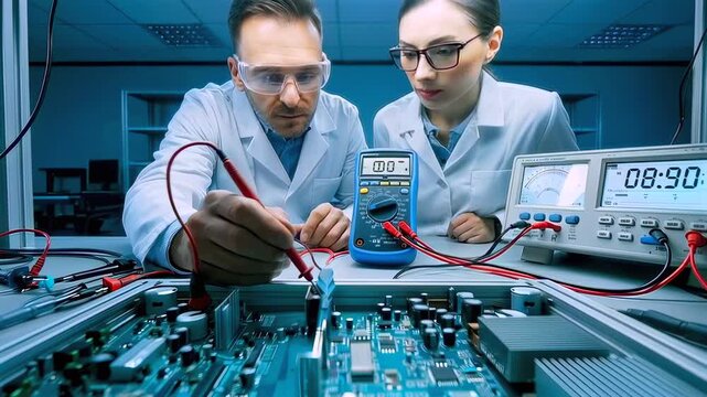 Engineers testing circuit board in electronics lab, careful diagnostics with multimeter and probes, methodical measurement of voltage and current on prototype board, safety goggles and instrument
