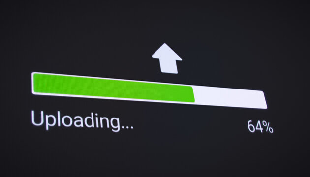 Illustration of the process of uploading file from the Internet on a computer monitor screen. A computer monitor displaying information about the data download in real time.