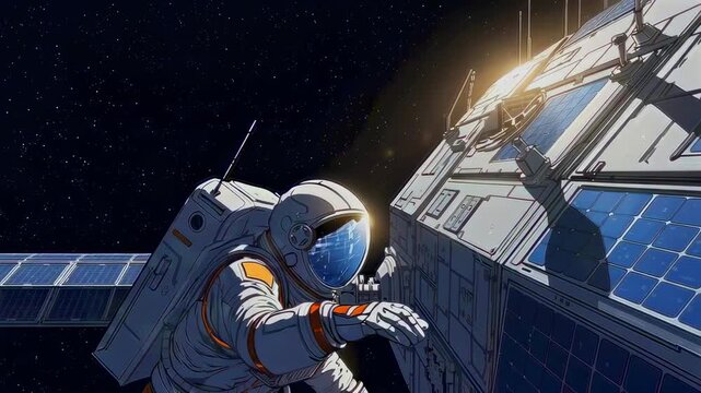 Astronaut spacewalk outside satellite sunrise engineer in white spacesuit stabilizing on solar panels, tether securing body, visor reflecting Earth and starfield, station hull glinting under warm