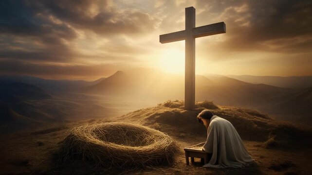 A solemn person in a simple robe kneels before a humble wooden cross and an empty nest at sunset, reflecting on life's journey amid a vast, desolate landscape expressing themes of spiritual