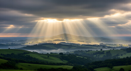 Sunbeams breaking through dark clouds over rolling green hills a