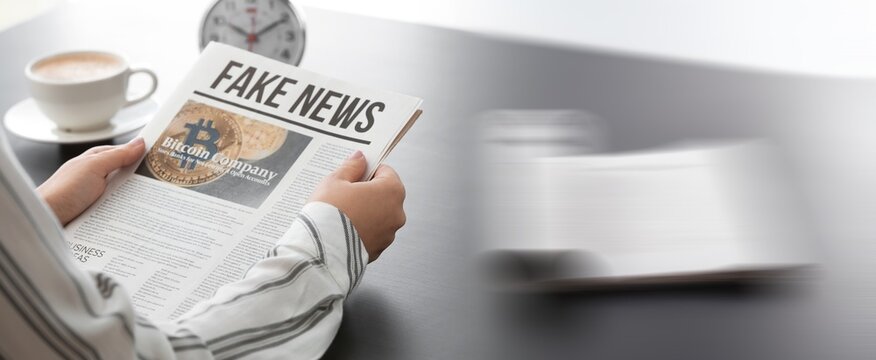 Woman reading morning newspaper indoors. Banner for design
