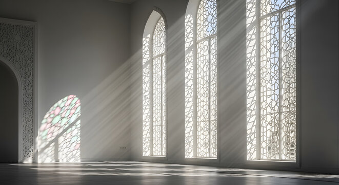 Sunlight streaming through arched windows with geometric pattern