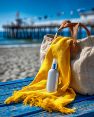 Fototapeta premium Beach Travel Skincare Mockup Scene — Summer Tote Bag Towel And Cosmetic Bottle On Seaside Background