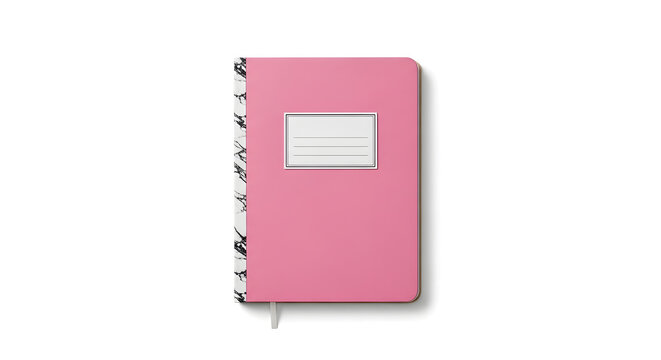 Front view of a pink composition notebook with marble spine and label space isolated on a white background