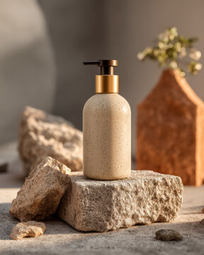 Natural Soap Dispenser On Stone &mdash; Organic Skincare Packaging Mockup With Warm Earthy Tones And Minimal Decor