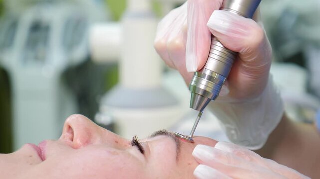 Beautician in gloves conducts laser polishing face skin in cosmetology clinic. Professional moisturizing and rejuvenating hardware procedures for modern people. Hardware cosmetology. 4 k video