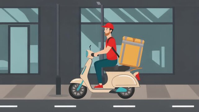 Modern delivery worker riding a scooter carrying a large insulated box through a city street offering swift courier service illustration for online food orders