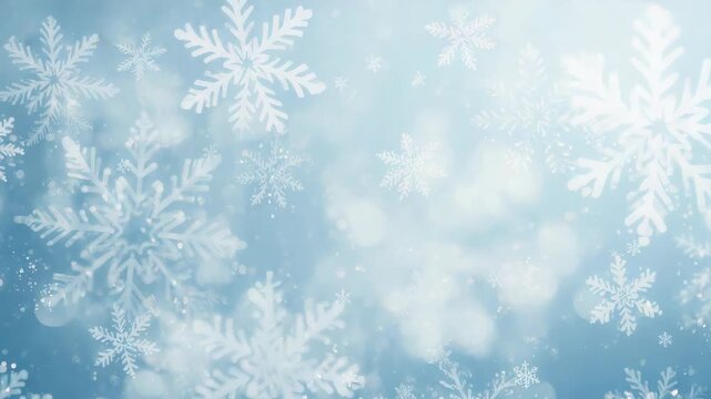 Snowflake pattern blue bokeh winter background with soft light delicate falling crystals and calm