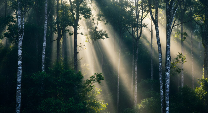 Sun rays filtering through the dense canopy of a forest in Paran