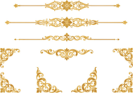 Elegant golden ornamental divider borders and corner flourishes vintage baroque filigree decorative vector set isolated on white