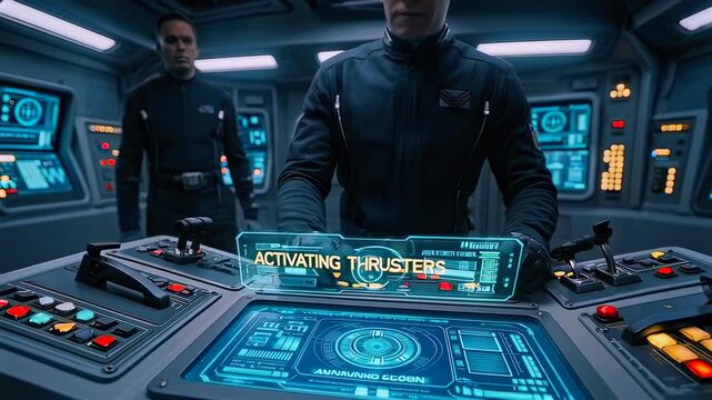 Caucasian pilot activating thrusters on bridge with holographic control panel, officer and navigator monitoring trajectory and telemetry, tactile interface lighting, missioncritical countdown, focused