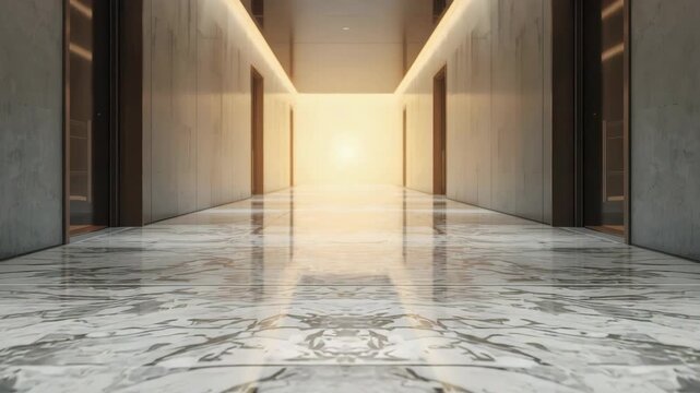 Polished marble hallway marble floor glossy corridor modern lobby warm backlight elevator doors