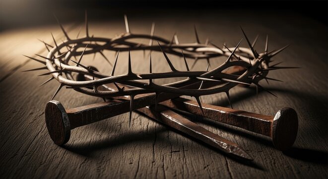 A crown of thorns and nails on a wooden surface.