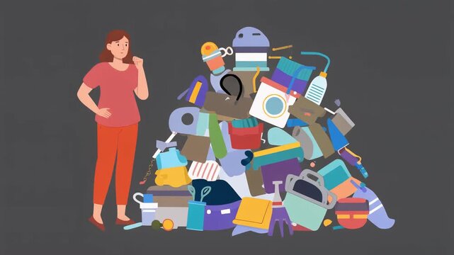 Woman ponders a huge chaotic pile of household items and accumulated waste illustrating consumerism and difficulty with decluttering or making sustainable choices