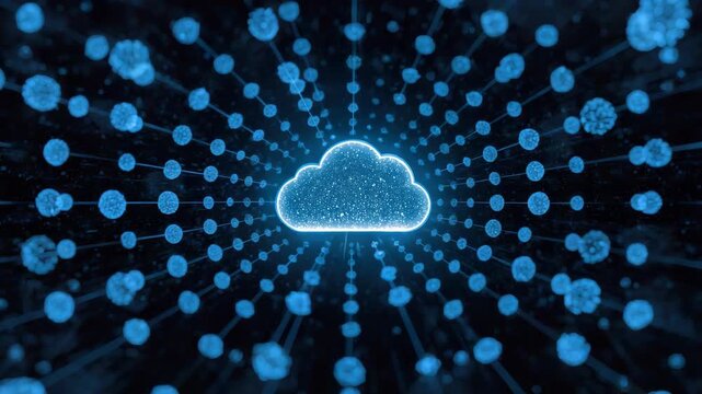 Cloud network concept glowing cloud icon with connected data nodes and digital depth and digital