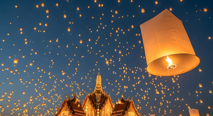 Thousands of glowing sky lanterns flying over a traditional Thai