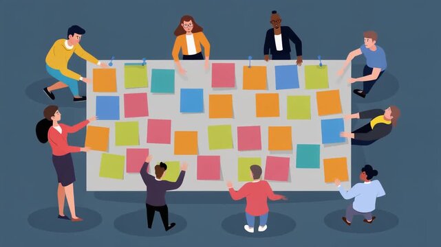Diverse professional team brainstorming on a large board with many colorful sticky notes. Illustrates teamwork, collaboration, and strategic project planning.