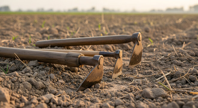 Traditional agricultural hand hoes resting on dry tilled soil in