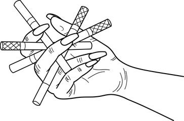 Obraz premium Minimalist Vector Illustration of Woman Hand with Long Manicured Nails Holding Multiple Cigarettes Representing Addiction Health Risks and Smoking Habits