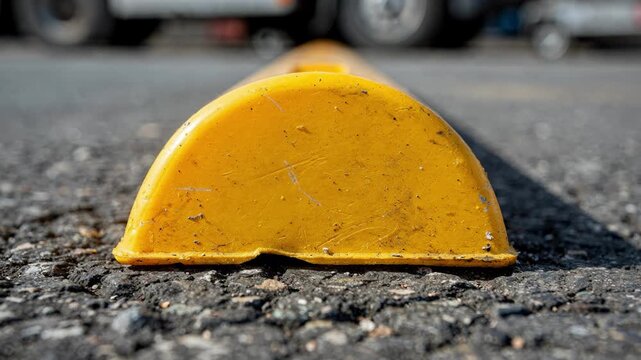 Closeup of a yellow rubber wheel stop being aligned on asphalt emphasizing the bright color with blurred pavement and equipment out of focus.