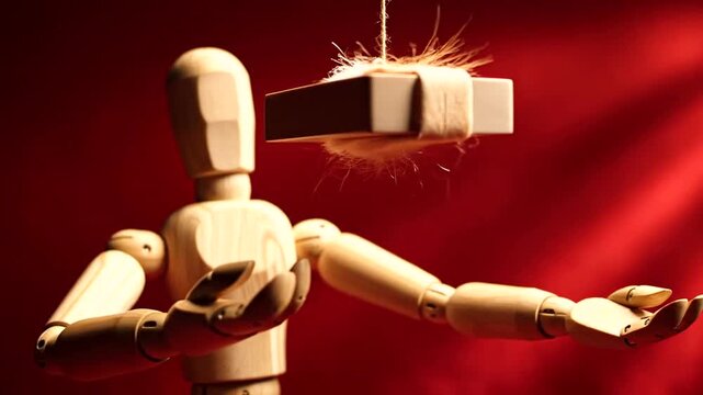 Wooden mannequin with falling brick.