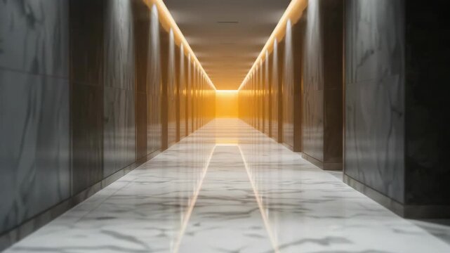 Luxury marble corridor with warm glowing recessed lighting and reflective floor leading to horizon