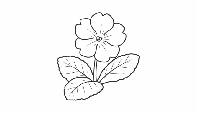 Simple Black and White Line Drawing of a Primrose Flower with Leaves