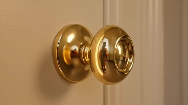 Close-up of a shiny brass door knob on a white wooden door with a beige wall in the background.