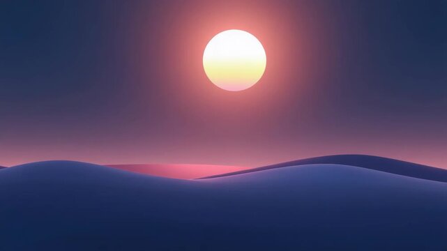 Glowing sun over smooth dunes twilight with soft pink and blue gradient light sunset sunrise
